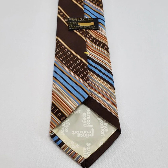 VTG Prince Consort Golden Clasp Tie Men's Polyester Necktie Brown Blue Striped - Picture 4 of 10